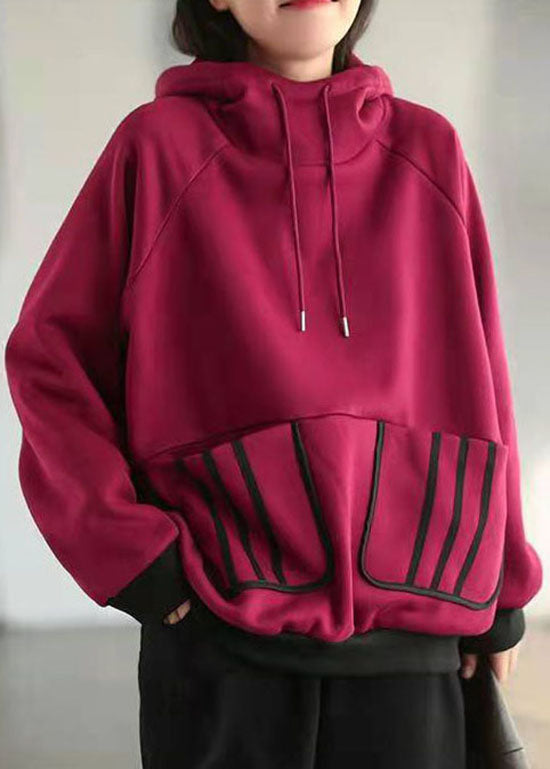 Purple Red Warm Fleece Sweatshirts Drawstring Pockets Winter