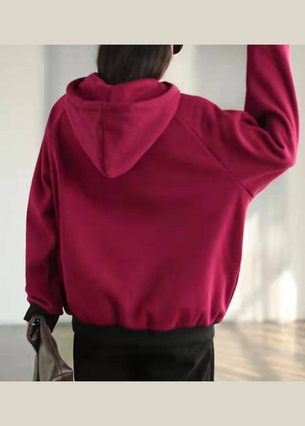 Purple Red Warm Fleece Sweatshirts Drawstring Pockets Winter