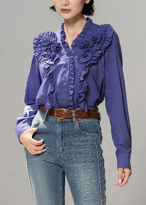 Purple Ruffled Cotton Fall Blouse Tops V Neck