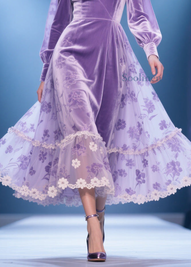 Purple Silk Velvet Lace Print High Waist Party Dress V Neck Spring
