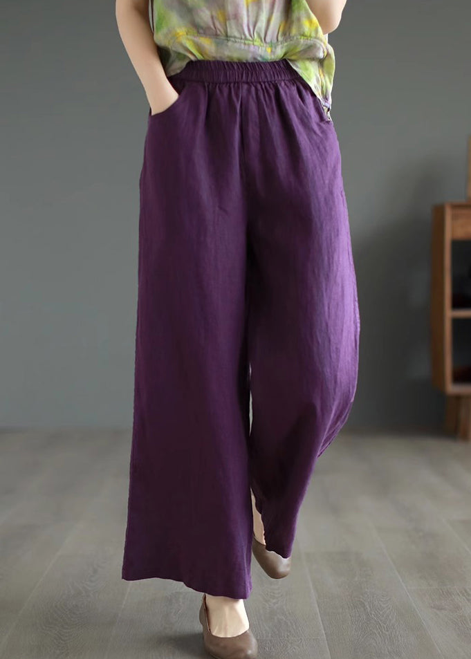 Purple Cotton Straight Pants High Waist Summer
