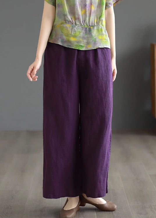 Purple Cotton Straight Pants High Waist Summer