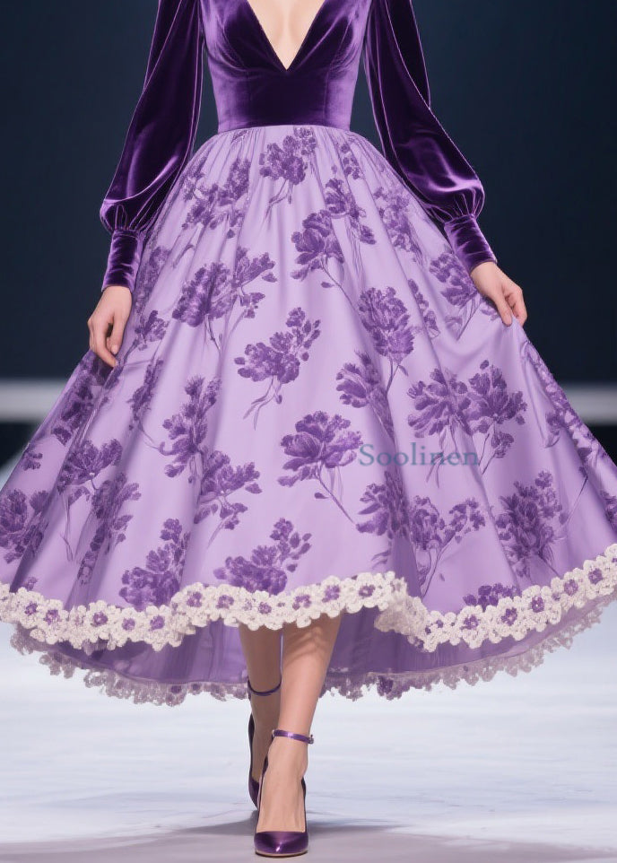 Purple Silk Velvet Patchwork Print Lace Long Dress V Neck Spring
