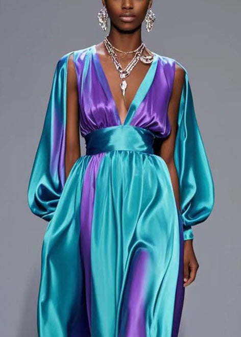 Purple Tie Dye Silk Party Dress V Neck Cinched Spring