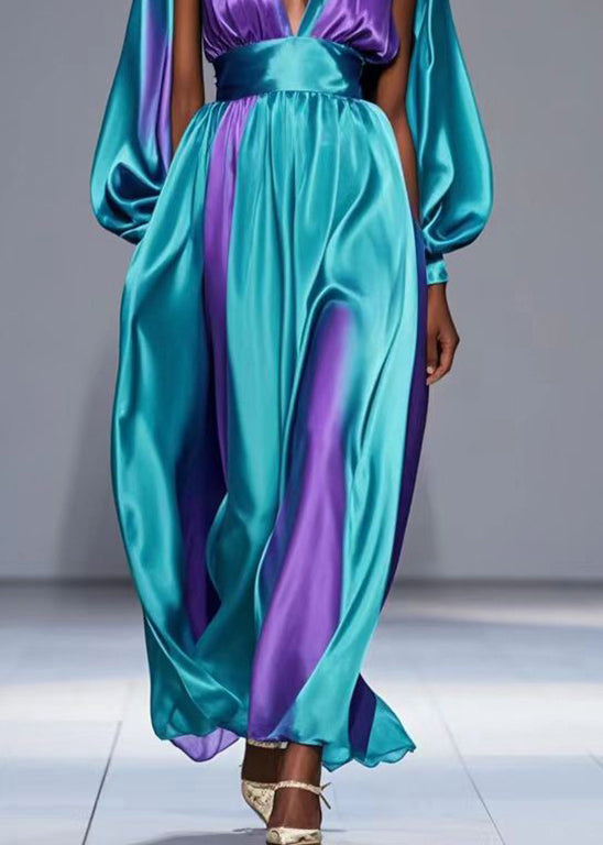 Purple Tie Dye Silk Party Dress V Neck Cinched Spring
