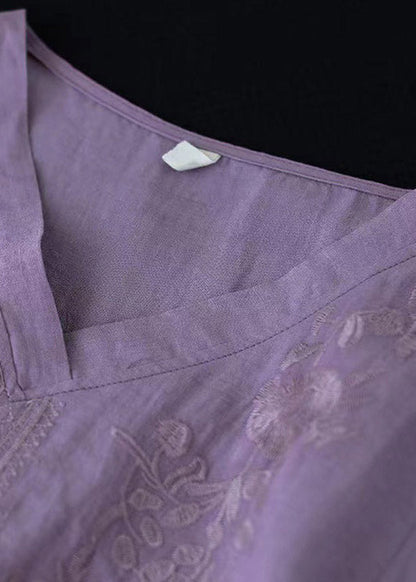 Purple V Neck Embroideried T Shirt Half Sleeve