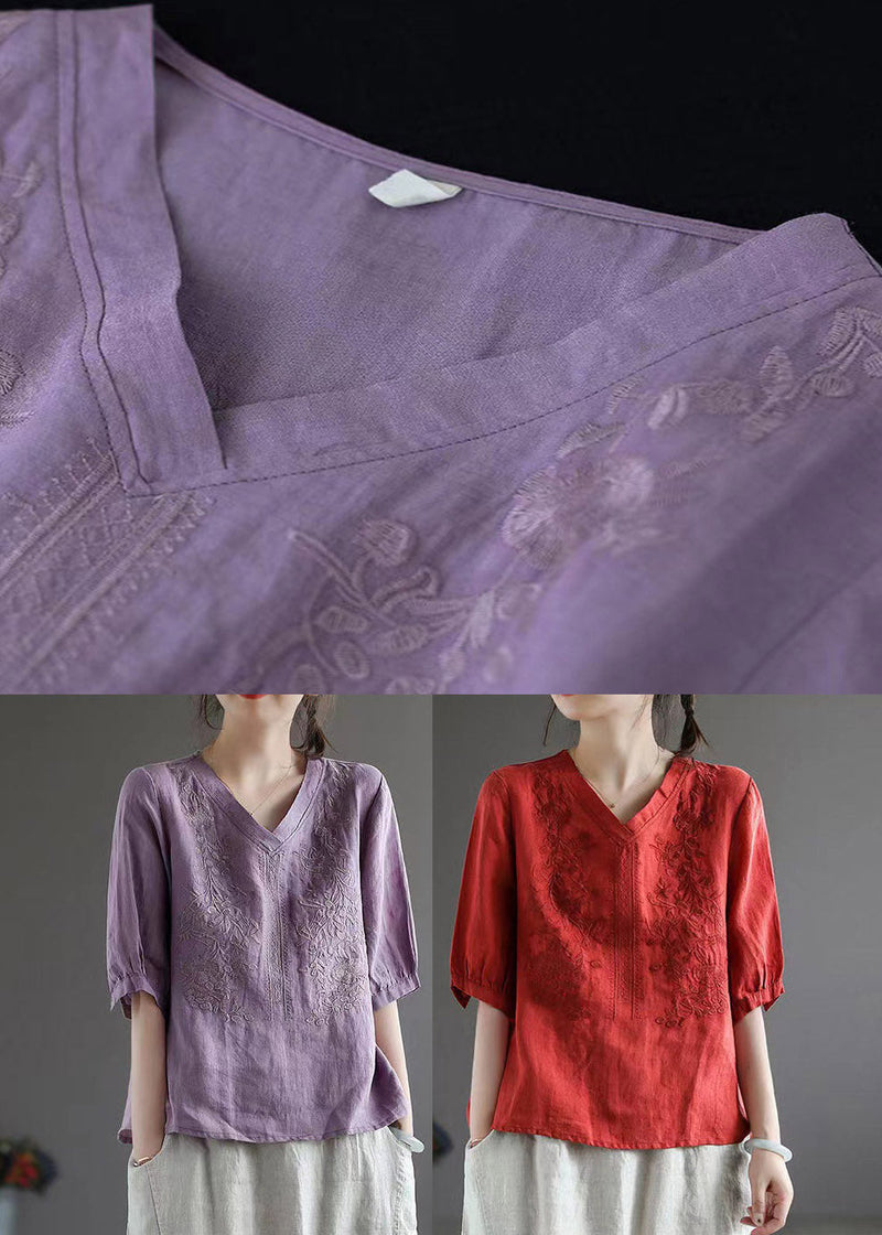 Purple V Neck Embroideried T Shirt Half Sleeve
