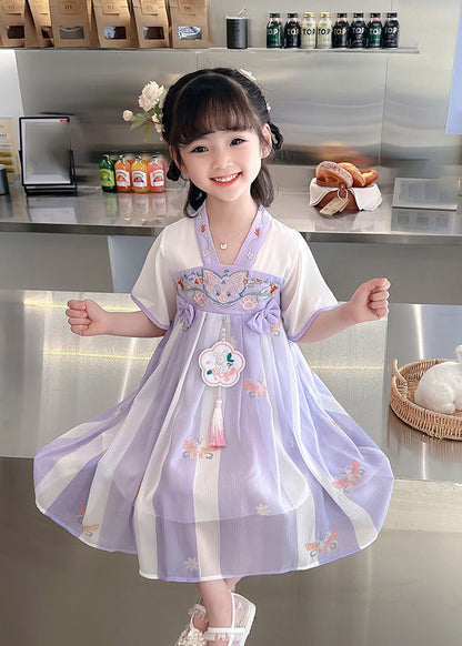 Purple V Neck Tassel Chiffon Long Dresses Short Sleeve