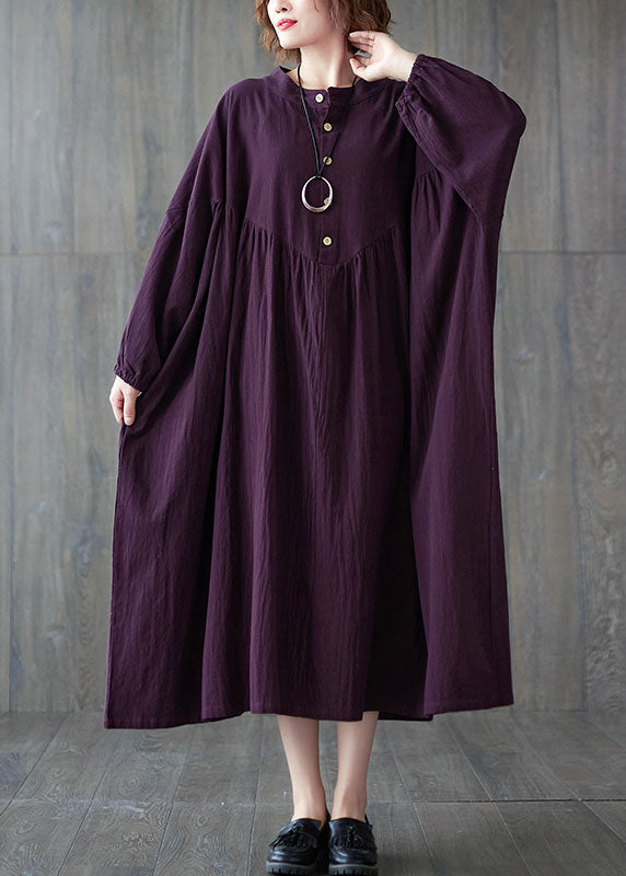 Purple Wrinkled Cotton Dresses Long Sleeve