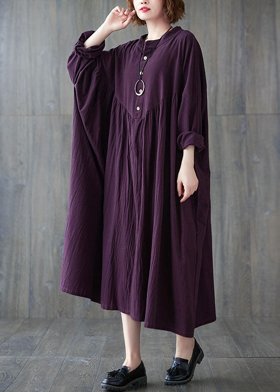 Purple Wrinkled Cotton Dresses Long Sleeve
