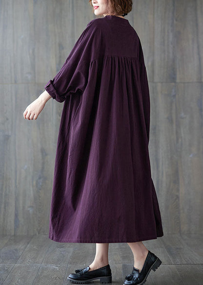 Purple Wrinkled Cotton Dresses Long Sleeve