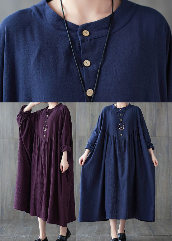Purple Wrinkled Cotton Dresses Long Sleeve