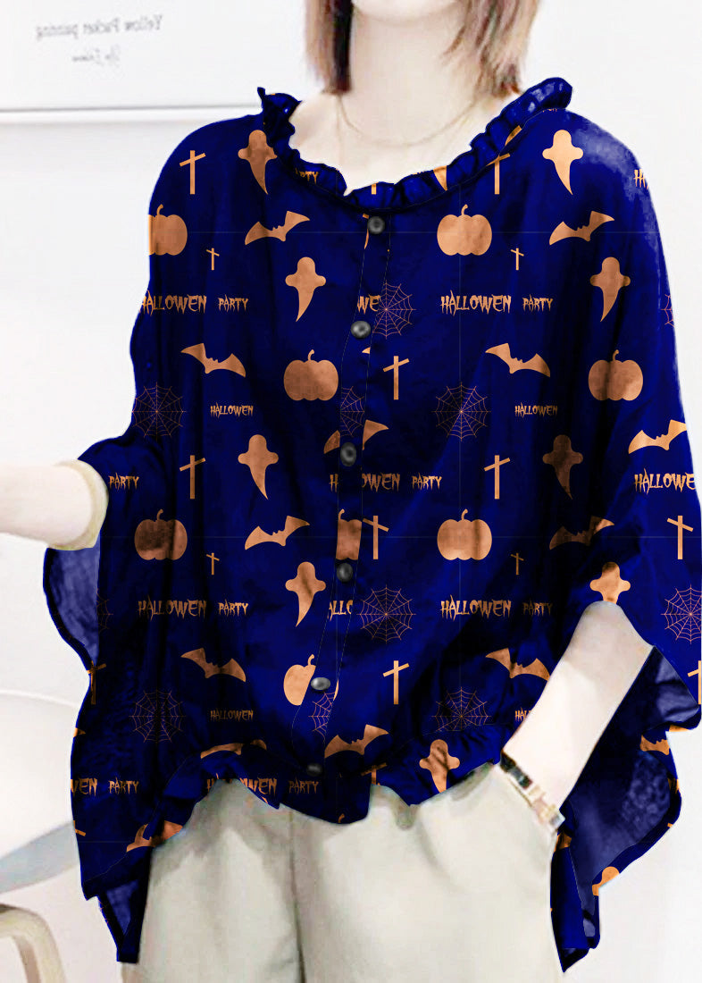 Art Dark Blue-pumpkin Tops Ruffles Trim Half Sleeve Shirts Blouse