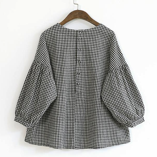 French Blue Plaid Cotton Fine Sewing Asymmetric Clothing Blouse