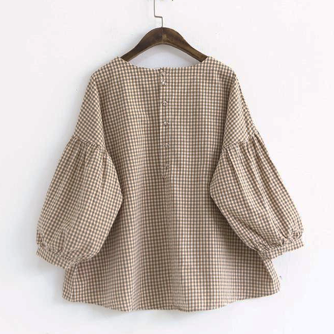 French Yellow Plaid Cotton Fine Sewing Asymmetric Clothing Blouse