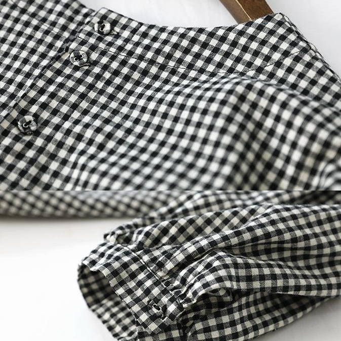 French Blue Plaid Cotton Fine Sewing Asymmetric Clothing Blouse