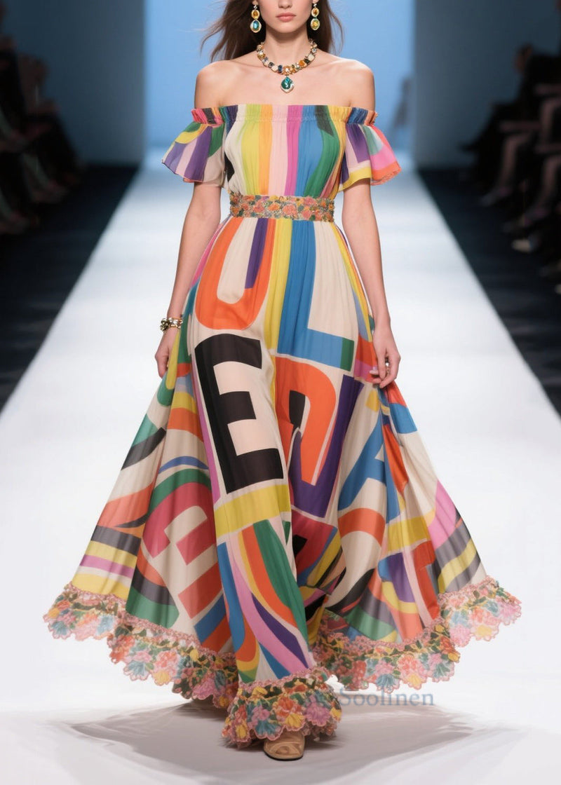 Rainbow Print Chiffon Strapless Dresses Cold Shoulder Summer