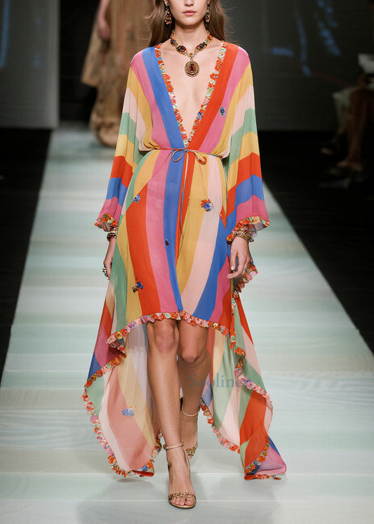 Rainbow Striped Chiffon Beach Dress Ruffled Butterfly Summer