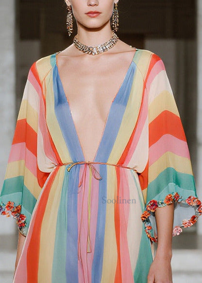 Rainbow Striped Chiffon Beach Dress Ruffled Low High Design Summer