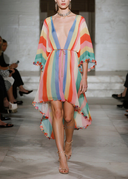 Rainbow Striped Chiffon Beach Dress Ruffled Low High Design Summer