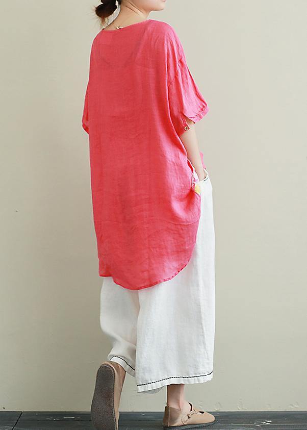 Ramie Red Printed Short-sleeved Suit Large Size Cotton and Linen Wide-leg Pants Two-piece Suit