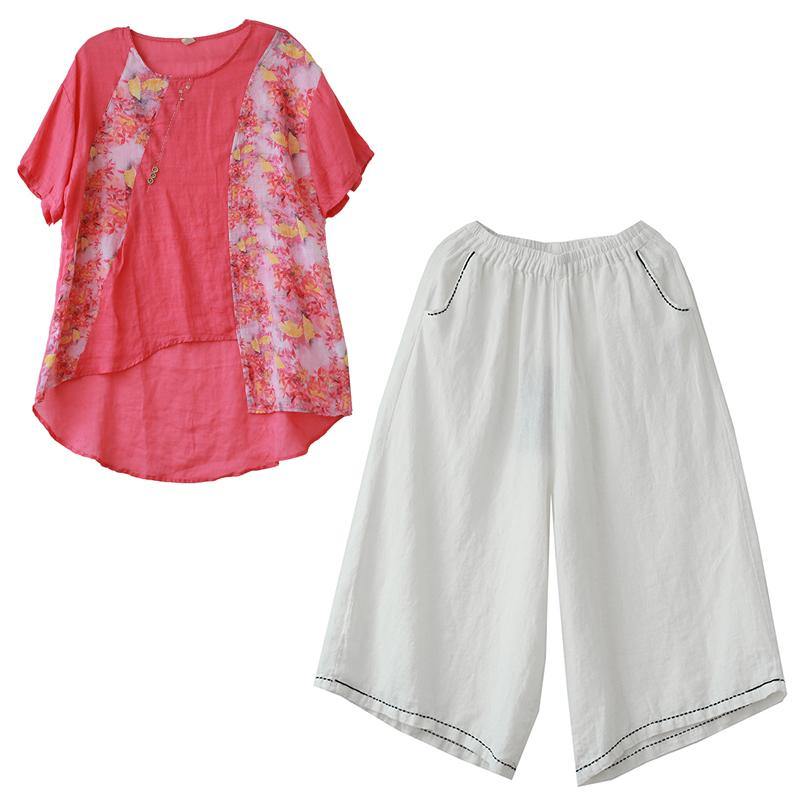 Ramie Red Printed Short-sleeved Suit Large Size Cotton and Linen Wide-leg Pants Two-piece Suit
