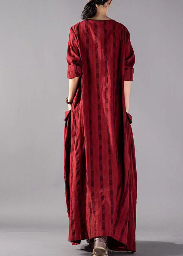 Khaki Geometry Big Pockets Linen Vacation Dresses Wrinkled Long Sleeve