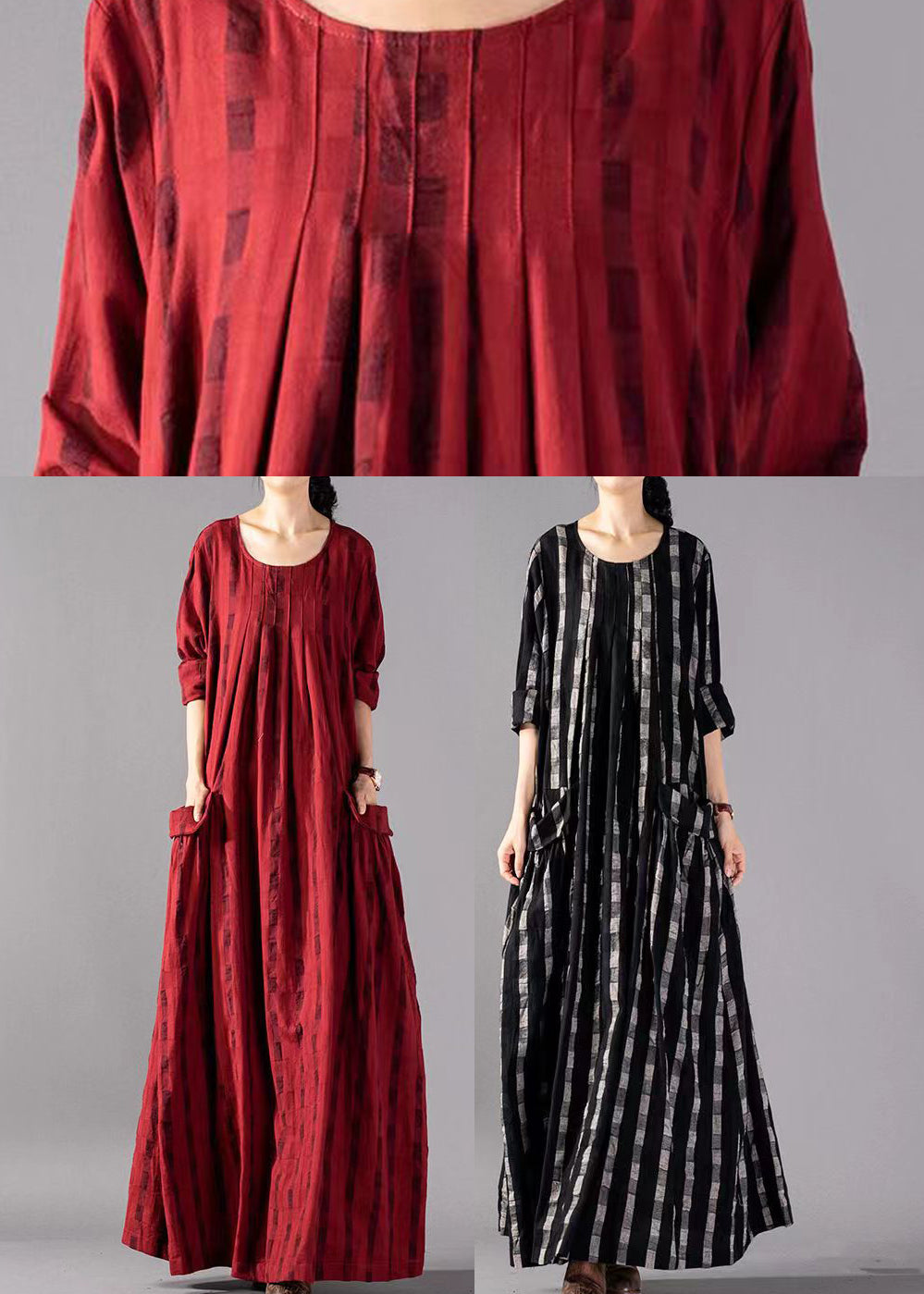 Khaki Geometry Big Pockets Linen Vacation Dresses Wrinkled Long Sleeve