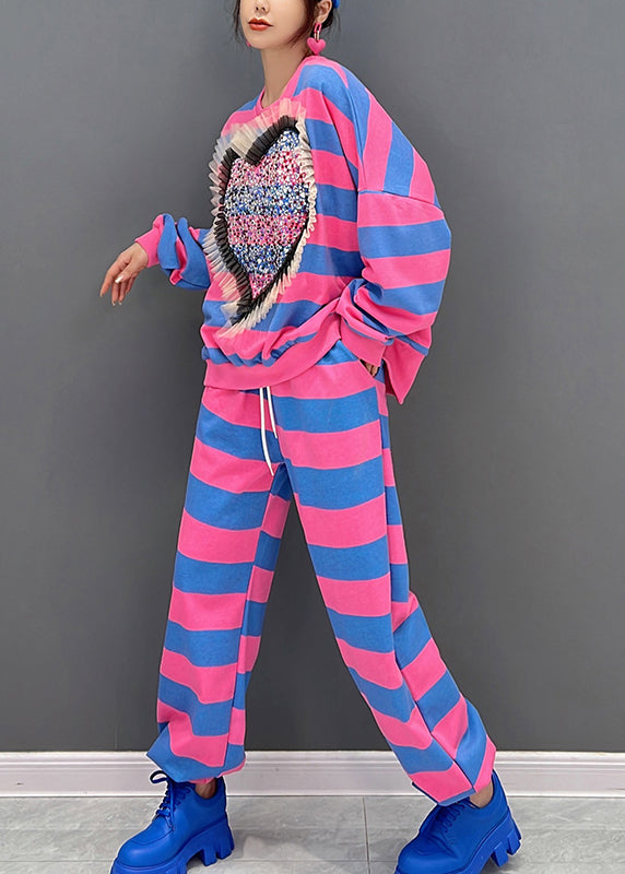 Red Blue Striped O-neck Bright Diamond Top and Pants Two Pieces Set Fall