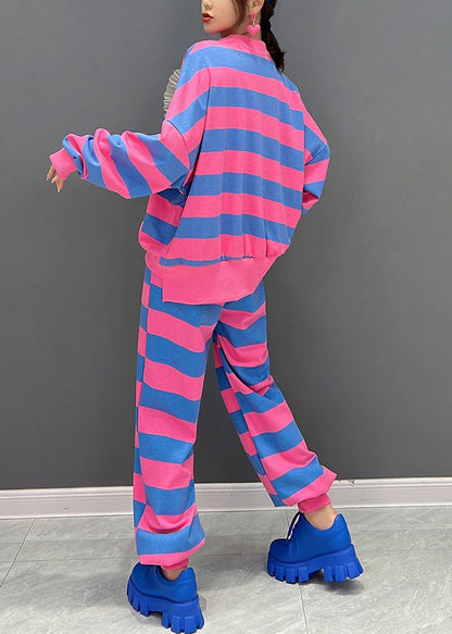 Red Blue Striped O-neck Bright Diamond Top and Pants Two Pieces Set Fall