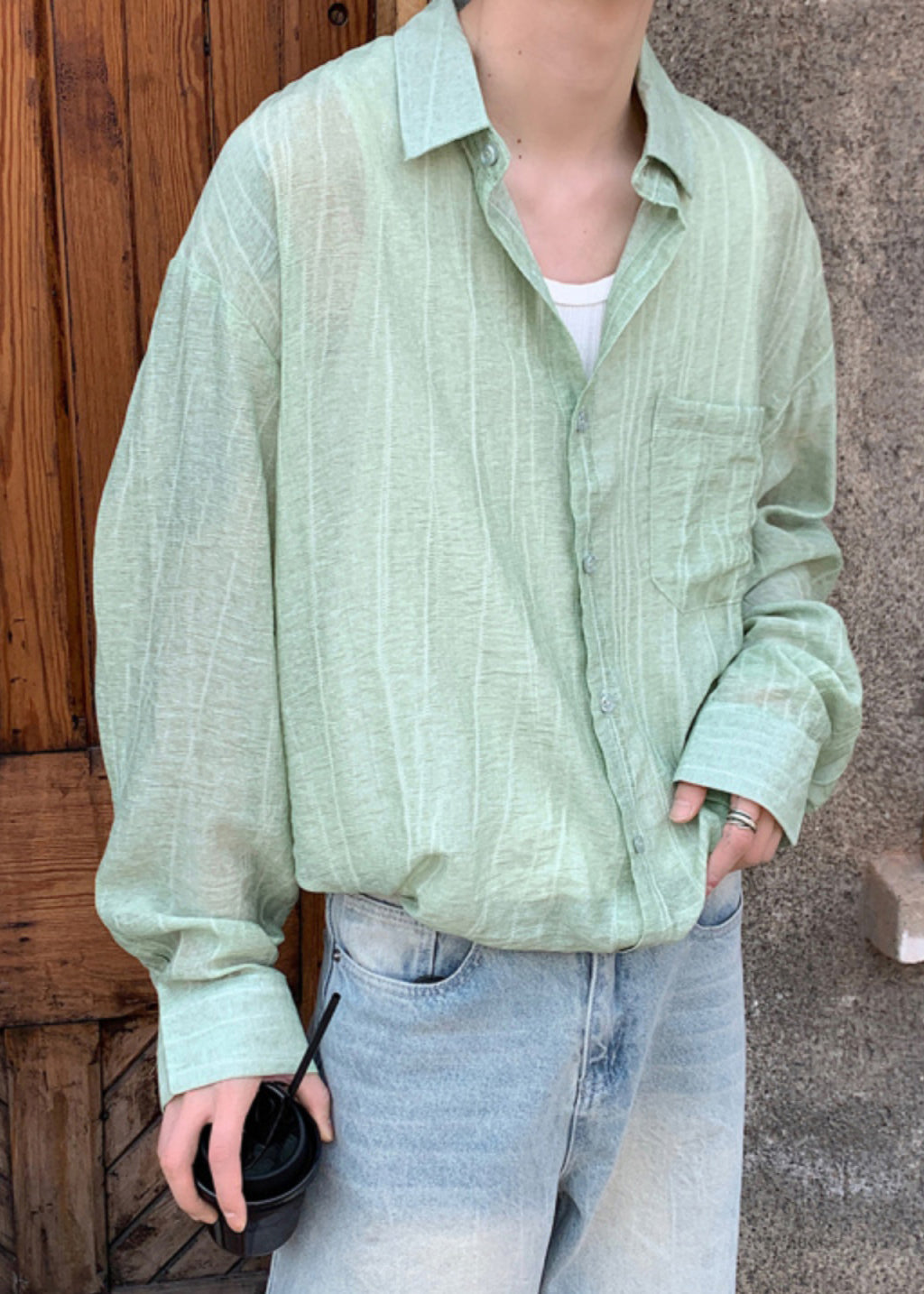 Red Button Pockets Cotton Mens Shirts Peter Pan Collar Spring