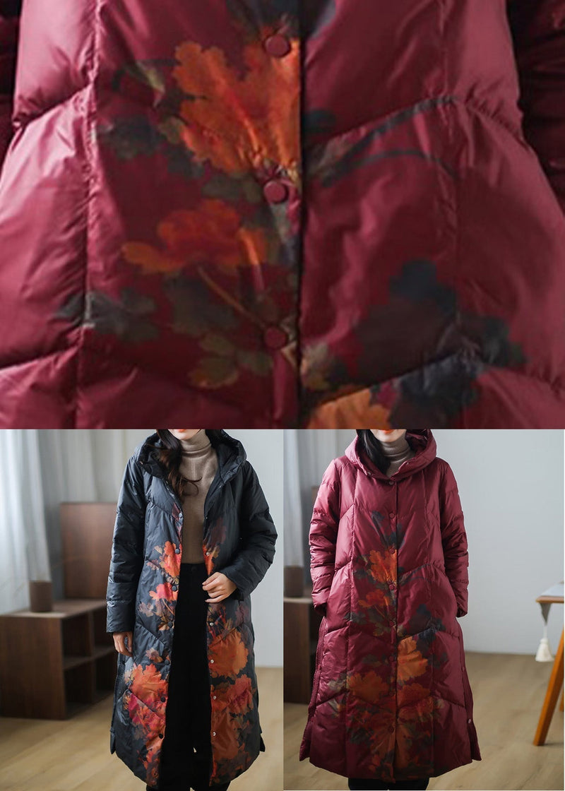 Red Button Warm Fleece Thick Duck Down Long Down Coat Winter