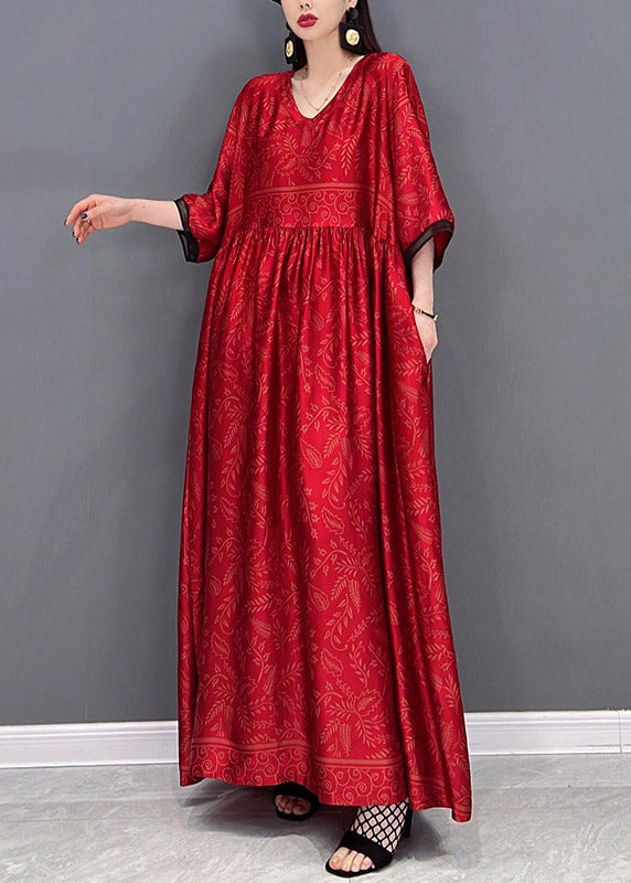 Red Chinese Style Silk Long Dress Wrinkled Short Sleeve