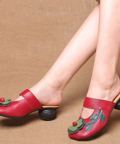 Red Chunky Cowhide Leather Unique Splicing Slide Sandals