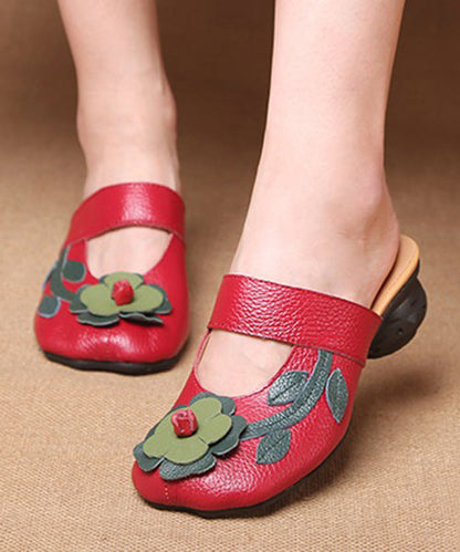 Red Chunky Cowhide Leather Unique Splicing Slide Sandals