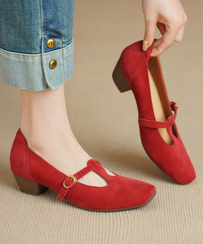 Red Chunky Heel Shoes Suede Splicing Square Toe