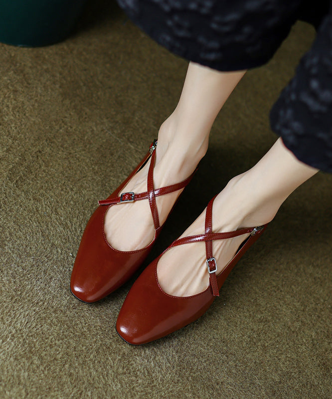 Red Cowhide Leather Cross Strap Splicing Flat Feet Shoes