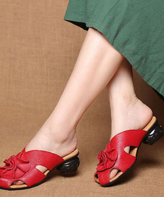 Red Cowhide Leather Splicing Chunky Slide Sandals