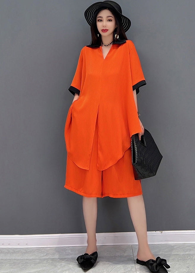 Red Draping Chiffon Long Shirt and Shorts Sets 2 Pieces Peter Pan Collar Side Open Summer