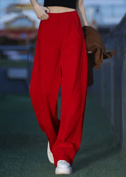 Red Elastic Waist Warm Fleece Pants Pockets