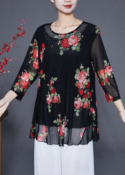 Red Print Chiffon Blouse Tops O-neck Zircon Summer