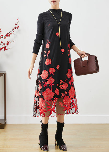 Red Silm Fit Knit Long Dress Embroideried Fall