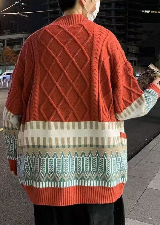 Red Geometric Cozy Knitted Cotton Winter Coats V Neck