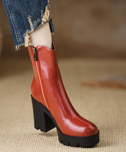 Red Handmade Chunky Cowhide Leather Splicing Boots