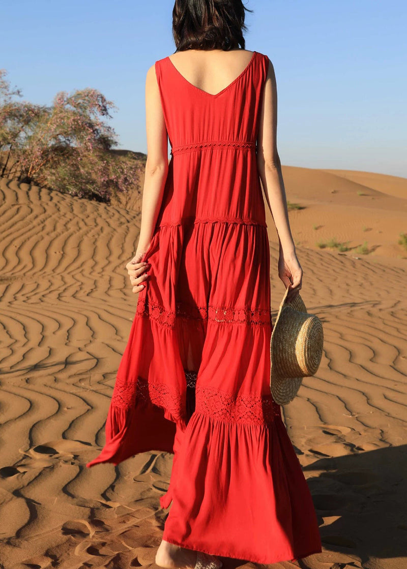 Red Hollow Out Cotton Long Dresses V Neck Summer