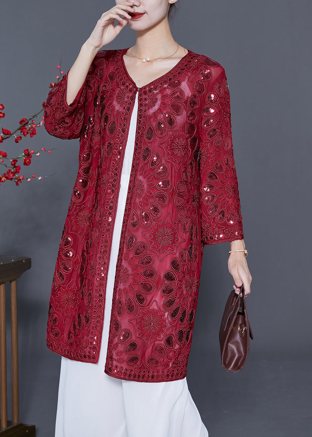 Red Hollow Out Tulle Upf 50+ Cardigans Embroideried Summer