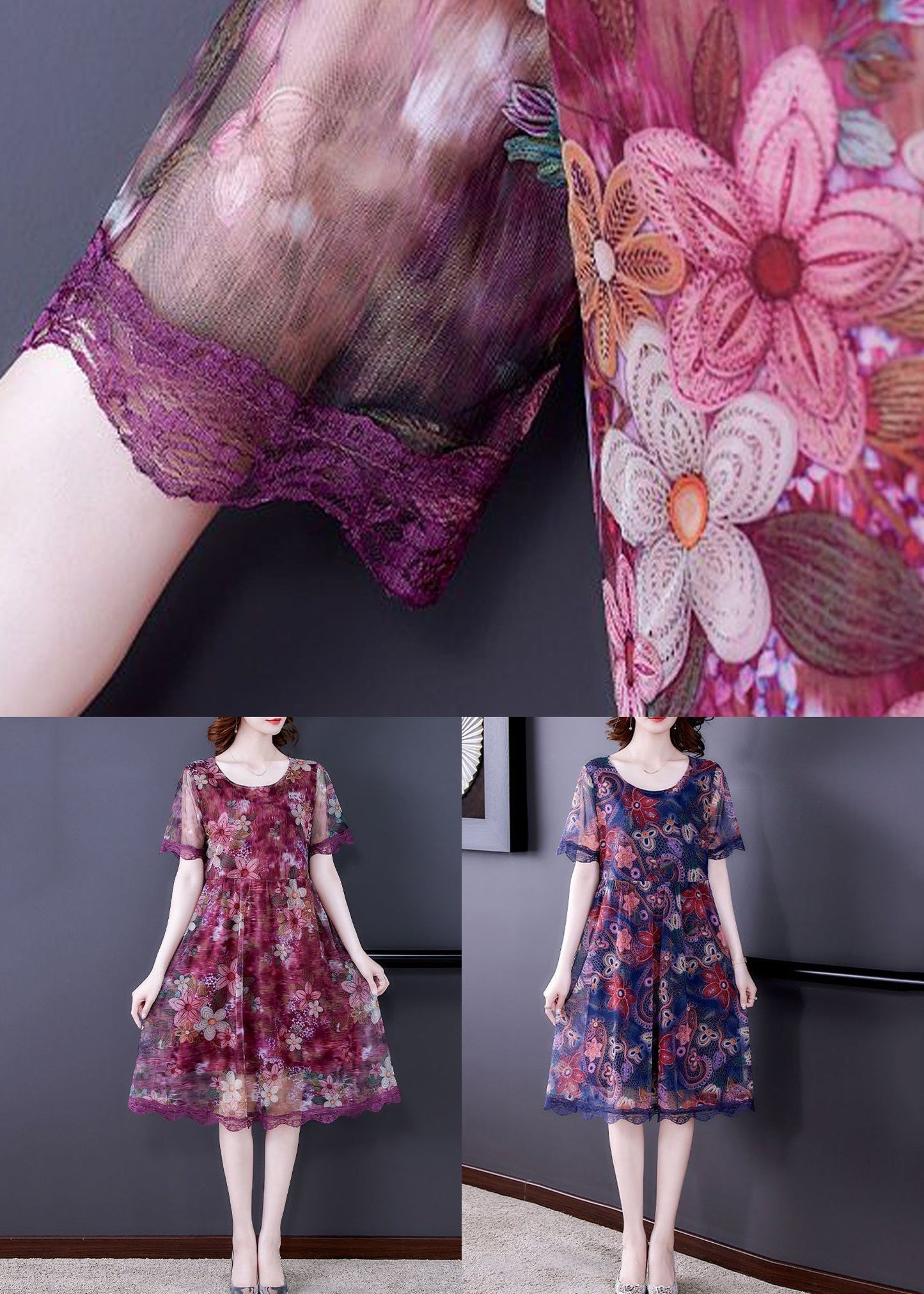Red Lace Patchwork Tulle Dresses O Neck Short Sleeve