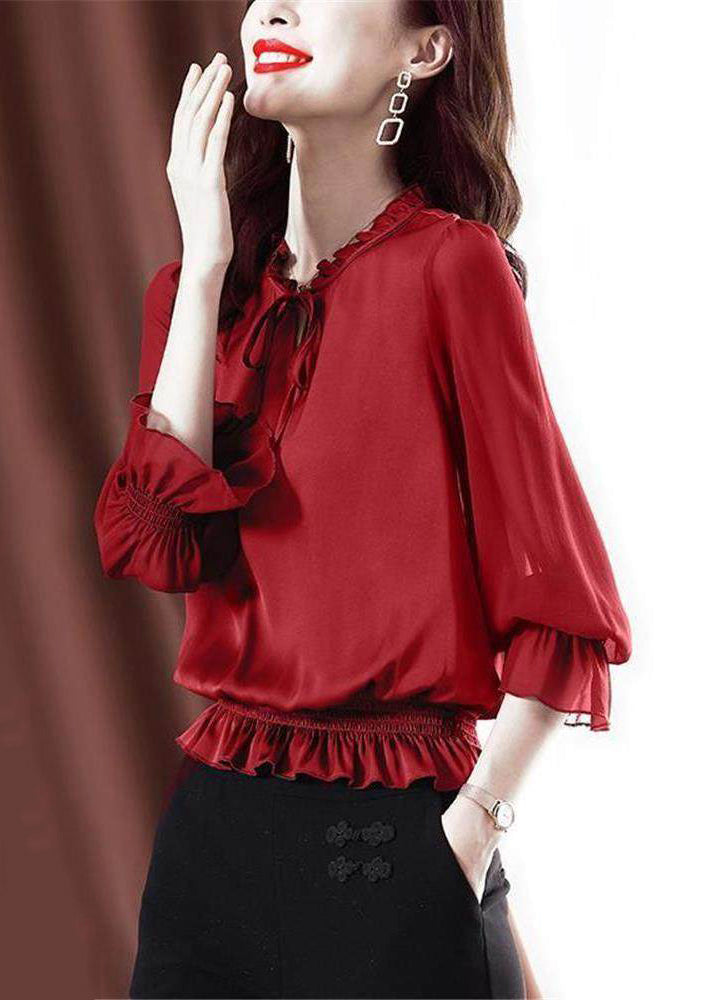 Red Lace Up Solid Chiffon Shirt Ruffled Flare Sleeve