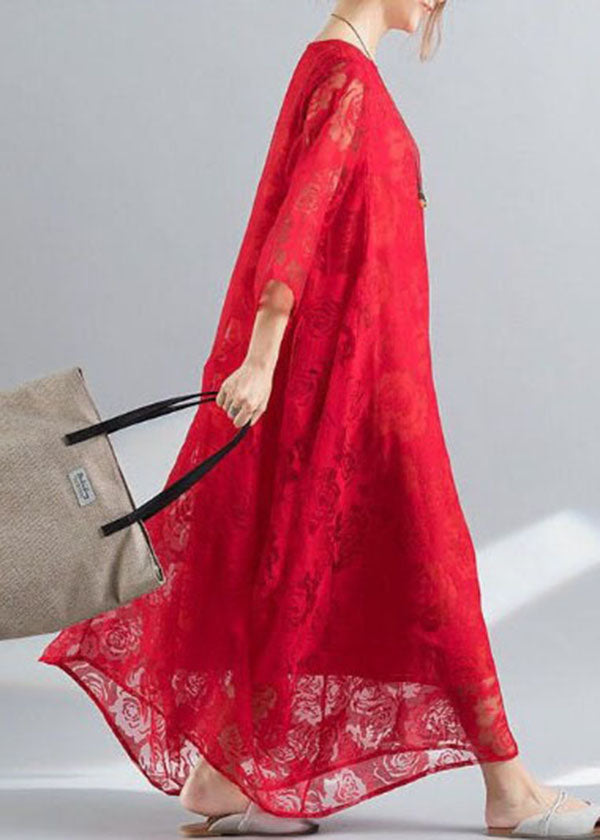 Red Lace Vacation Dress Hollow Out Asymmetrical Bracelet Sleeve