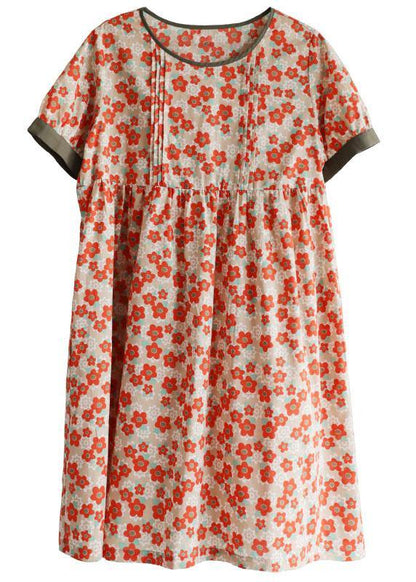 Red Loose O-neck Print Summer Cotton Sundress Short Sleeve